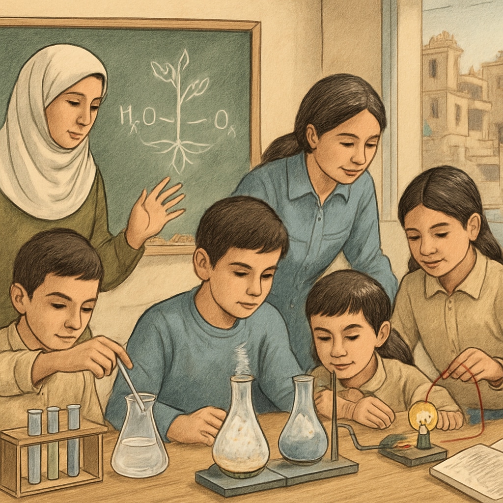 A classroom in Gaza with students engaged in science learning activities, emphasizing the importance of practical education in rebuilding the region’s curricula. Students in a Gaza classroom participating in science education, a critical component of curriculum rebuilding.