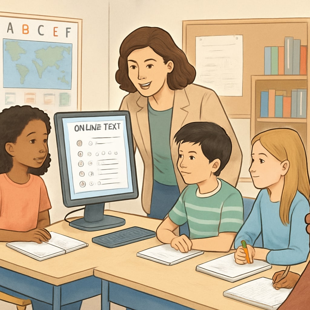 A teacher reviewing online test resources with diverse K12 students in a classroom setting. Teacher and K12 students collaborating on test resources as teaching tools.