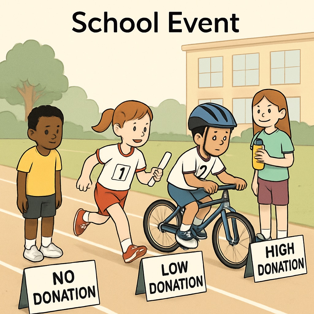 A group of children participating in a school event, with visible differences in resources provided to participants based on donation levels. Children at a school event showcasing economic disparity through fundraising tiers.