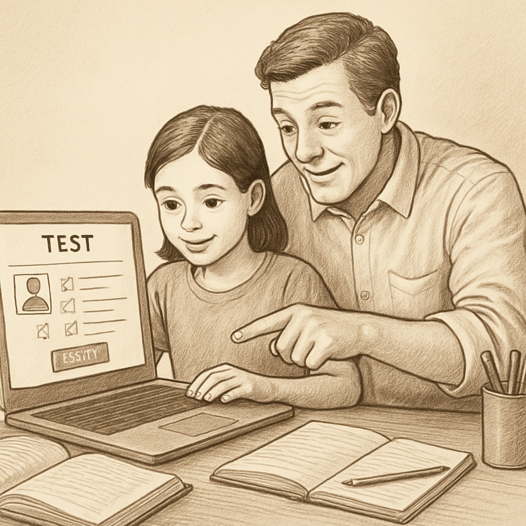 A parent and child working together on an online educational platform, exploring tailored test resources. Parent and child using quality test resources for personalized learning.