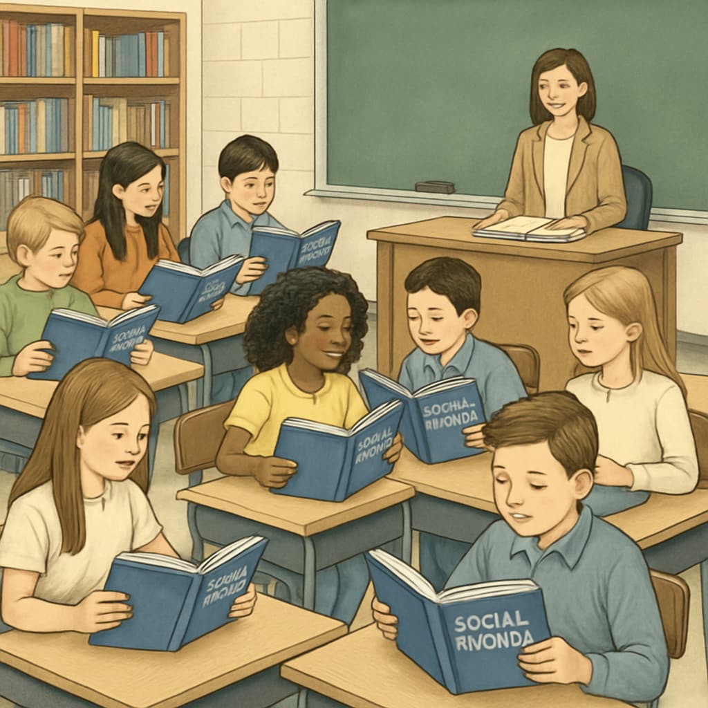 A classroom scene where students are reading a social studies textbook, representing how education influences perceptions of class systems. Classroom with students reading about class systems in social studies textbooks.