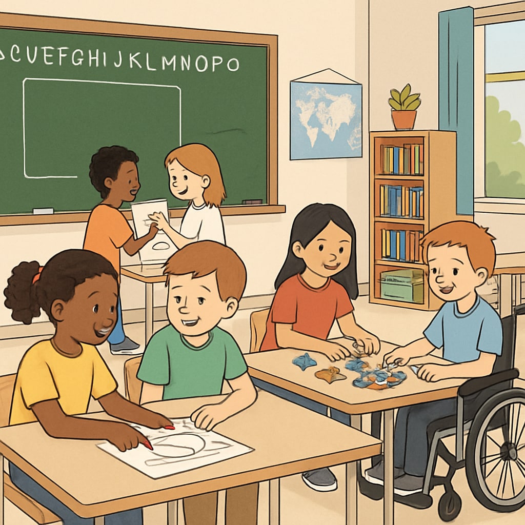 A classroom setting where children are engaged in collaborative activities, emphasizing equality and inclusion. Children in an inclusive classroom environment participating in group activities.
