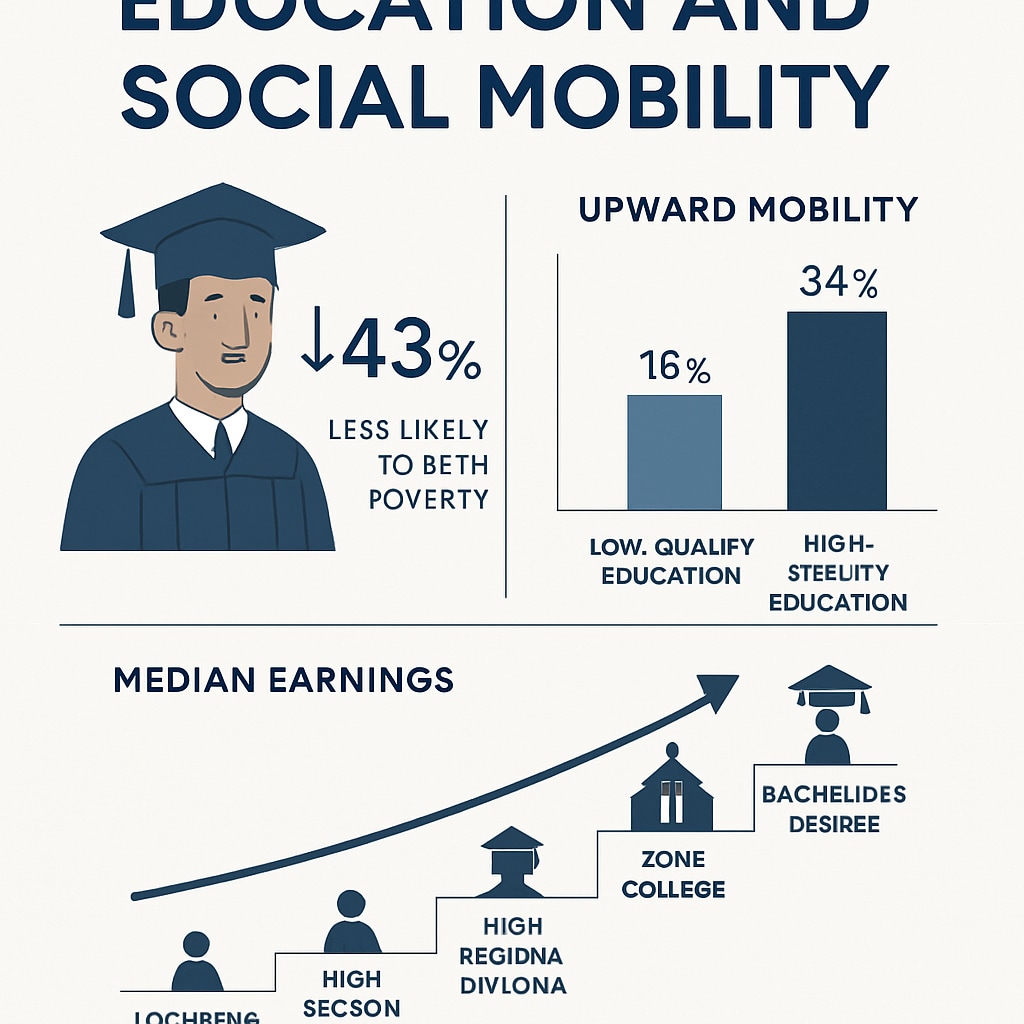 An infographic depicting statistics about the relationship between education and social mobility, emphasizing how quality schooling correlates with economic opportunities. Infographic on education’s impact on social mobility.