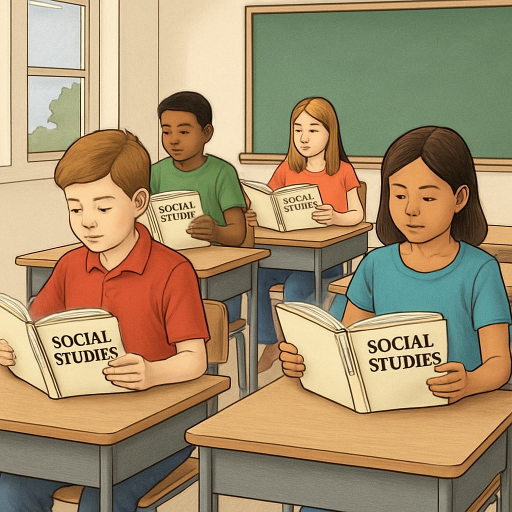 A classroom setting with students reading social studies textbooks, symbolizing the importance of balanced educational content. Students reading social studies textbooks in a classroom, emphasizing balanced education content.