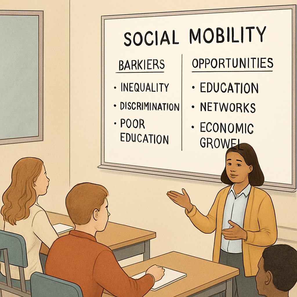 A teacher guiding a classroom discussion on social mobility, with a whiteboard listing both barriers and opportunities. A teacher leading a discussion on social mobility, highlighting barriers and opportunities.