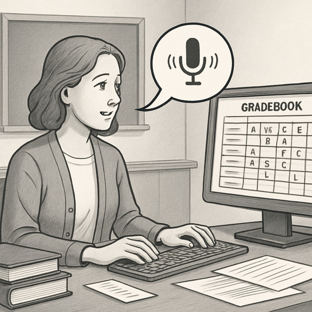 A teacher using a voice recognition tool to update a digital gradebook in a classroom setting. Teacher using WillowVoice for grading, streamlining workflows.