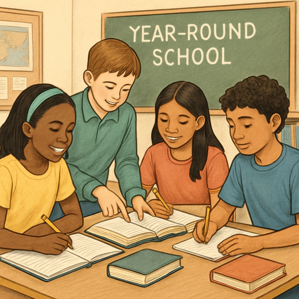 A group of diverse K12 students engaged in a collaborative learning activity in a year-round school setting. Students in a year-round school setting learning collaboratively.