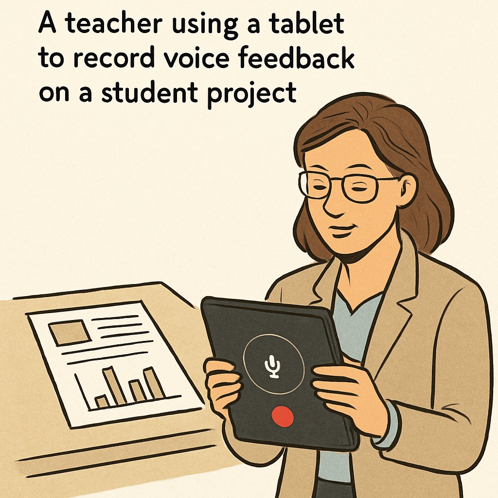 A teacher recording voice feedback on a student project using a tablet. Teacher using voice recognition for student feedback.