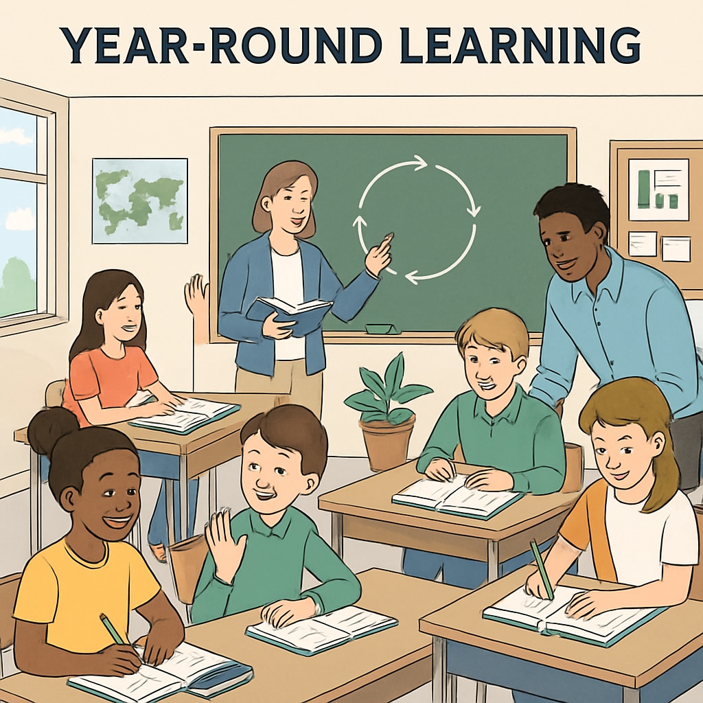 A classroom with students and teachers actively participating in year-round learning activities, emphasizing continuous education. Classroom with year-round education activities promoting continuous learning.