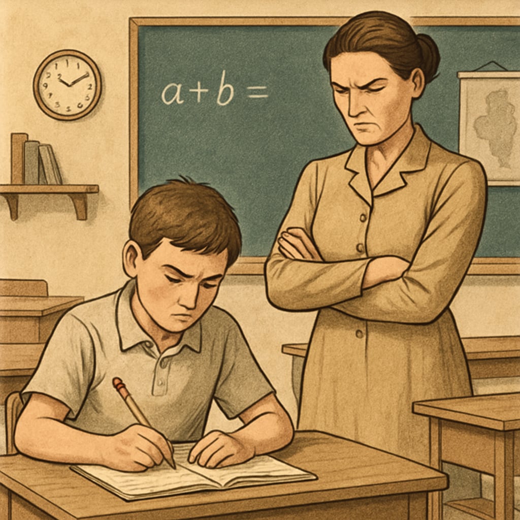 A teacher sternly observing a student working hard in a classroom setting to illustrate strict teaching methods. Strict teaching methods in education.