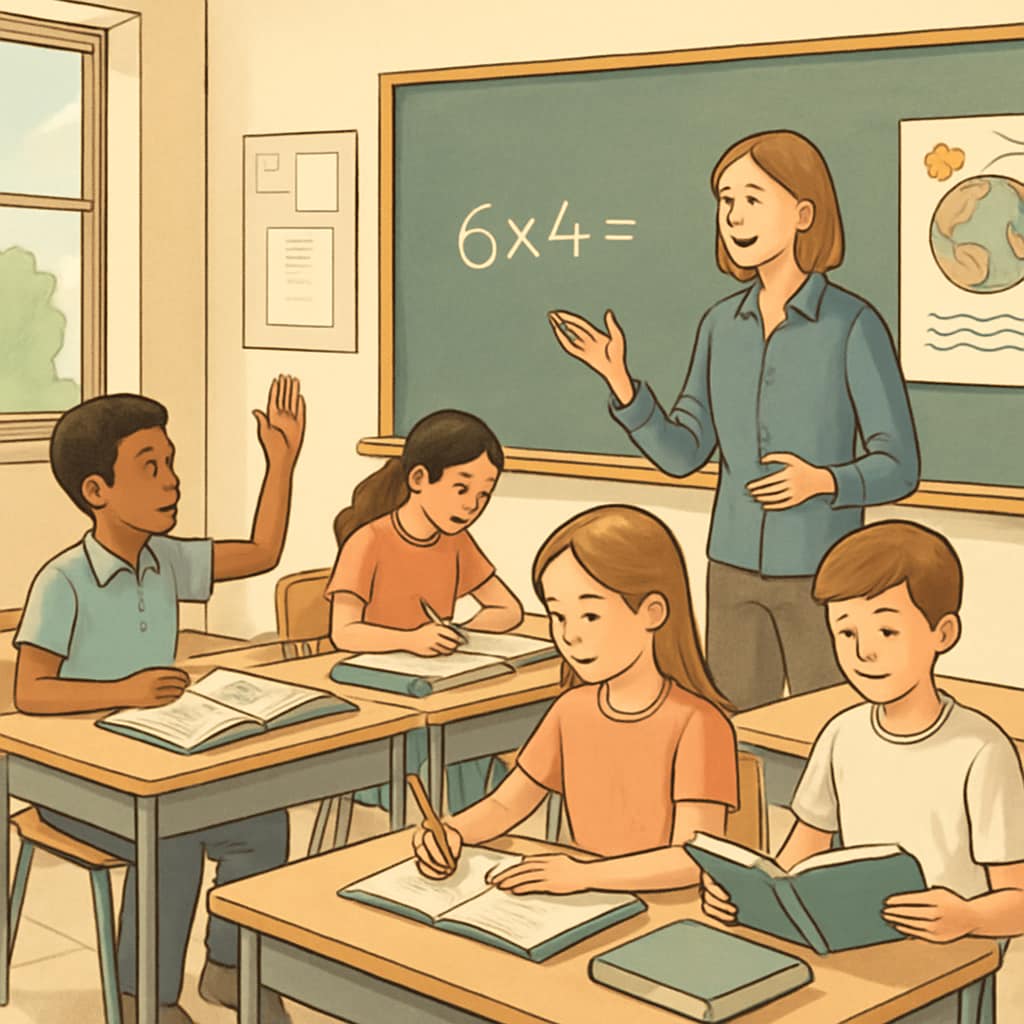 A classroom with students engaged in active learning during a short school session, representing year-round schooling. Students learning in a classroom during a year-round school session.