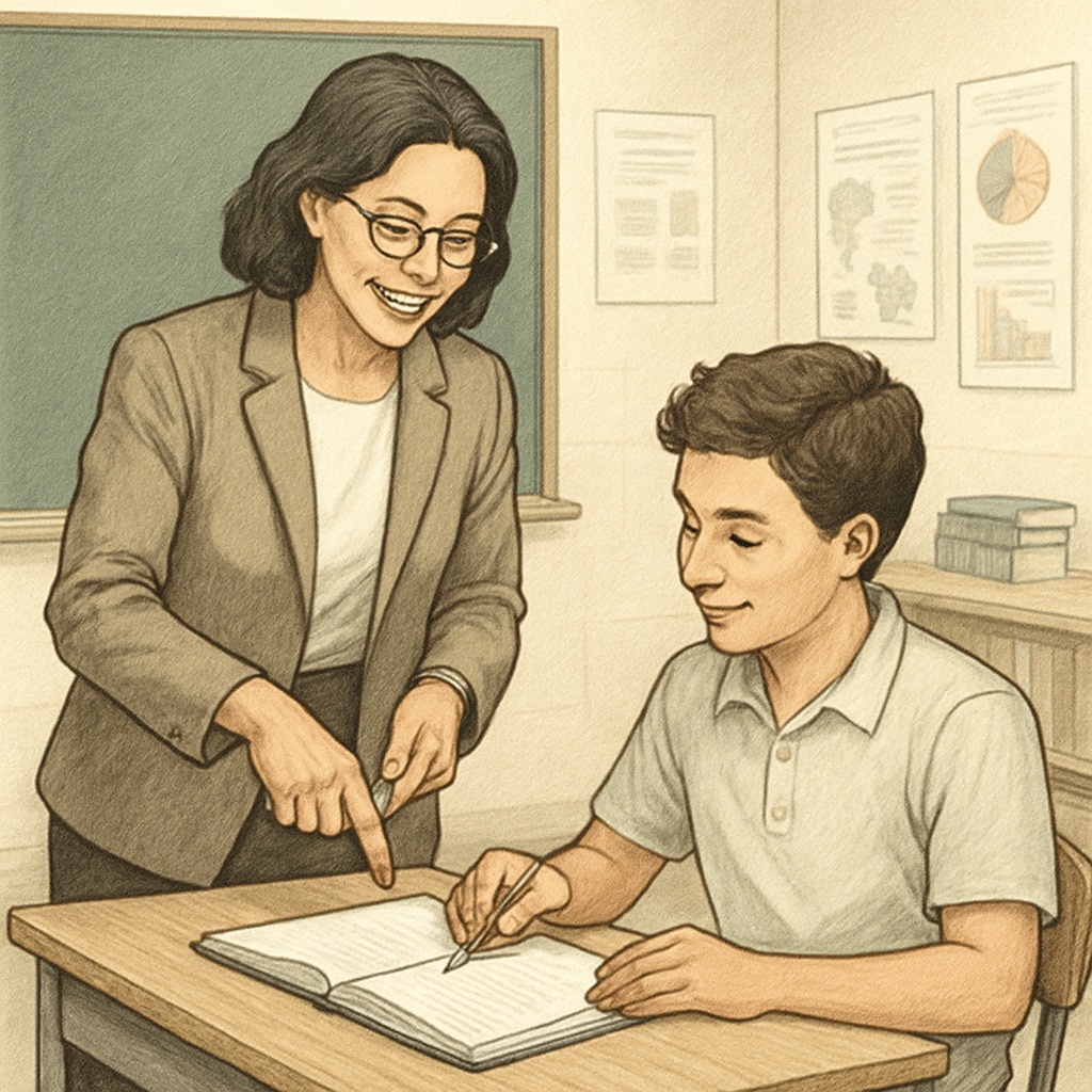 A teacher smiling and giving constructive feedback to a student in a classroom to demonstrate a balance between strictness and support. Balancing strictness and support in teaching.