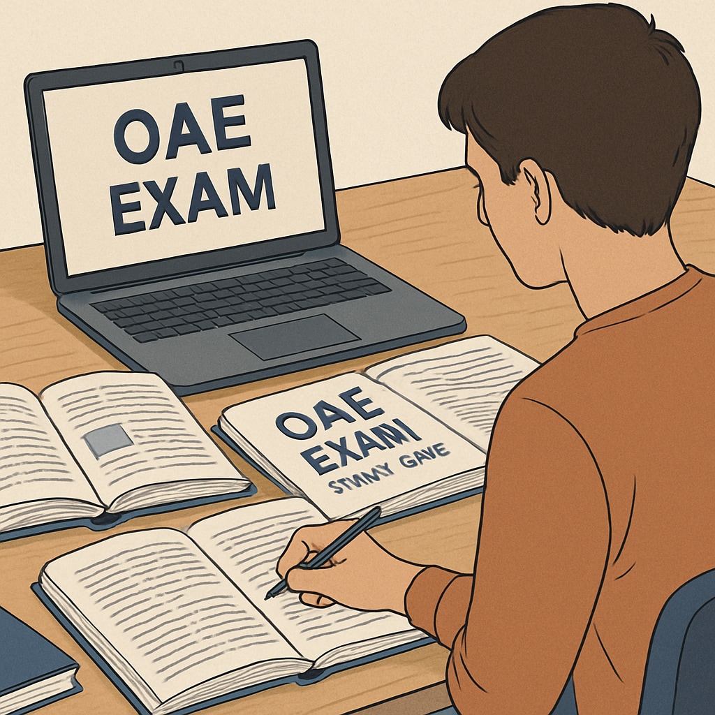 A professional photo of a student studying with OAE exam materials, including books and a laptop. The setup reflects a focused study environment. Student studying OAE exam materials, featuring books and a laptop.
