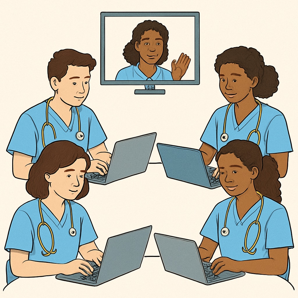 A group of nursing students collaborating online using laptops, symbolizing a digital study group environment. Nursing students in a digital study group, using laptops for collaboration.