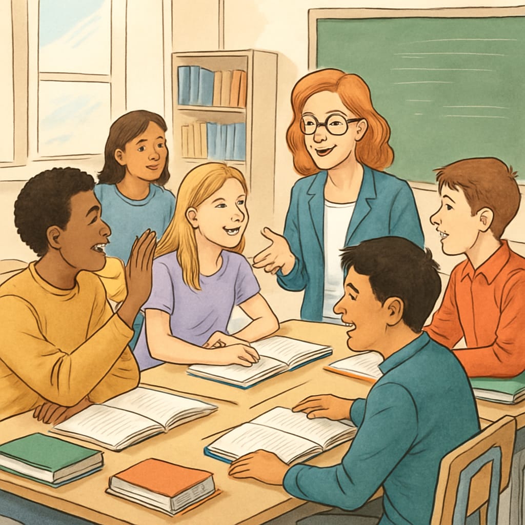 A diverse group of students and a teacher engaged in a classroom discussion, highlighting the benefits of continuous learning. Teacher and students in a year-round schooling environment.