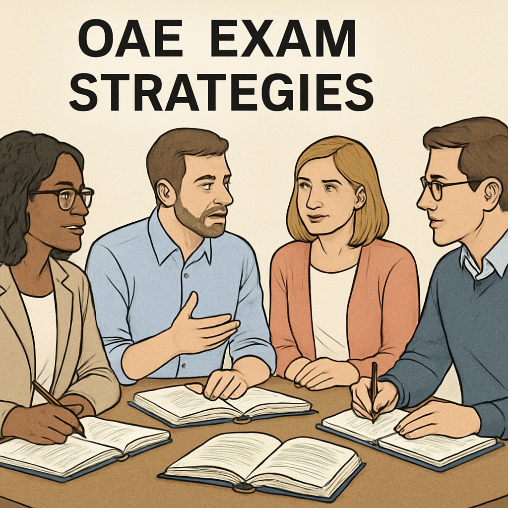 An image of a group of educators discussing OAE exam strategies, seated around a table with study materials. This image conveys collaboration and preparation. Educators discussing OAE exam strategies around study materials.