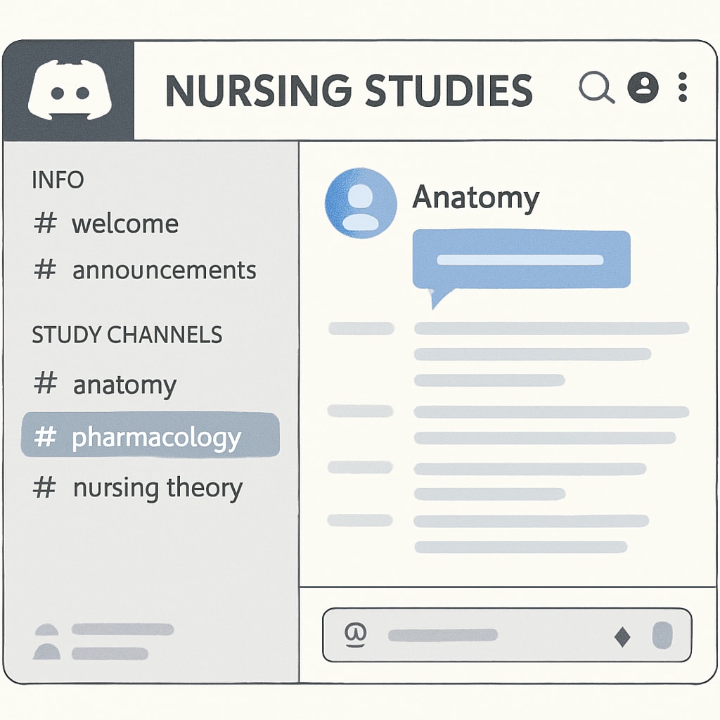 A screenshot of a well-organized Discord server with nursing study channels labeled by topics like Discord server with channels for nursing students, organized by study topics.