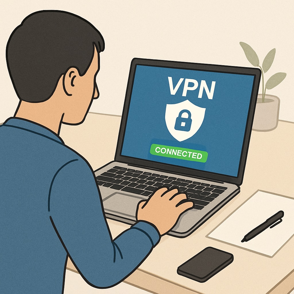 A person using a laptop with a VPN application open, representing online privacy and security. A person using a VPN application on a laptop to preserve online privacy amid the UK age verification law.