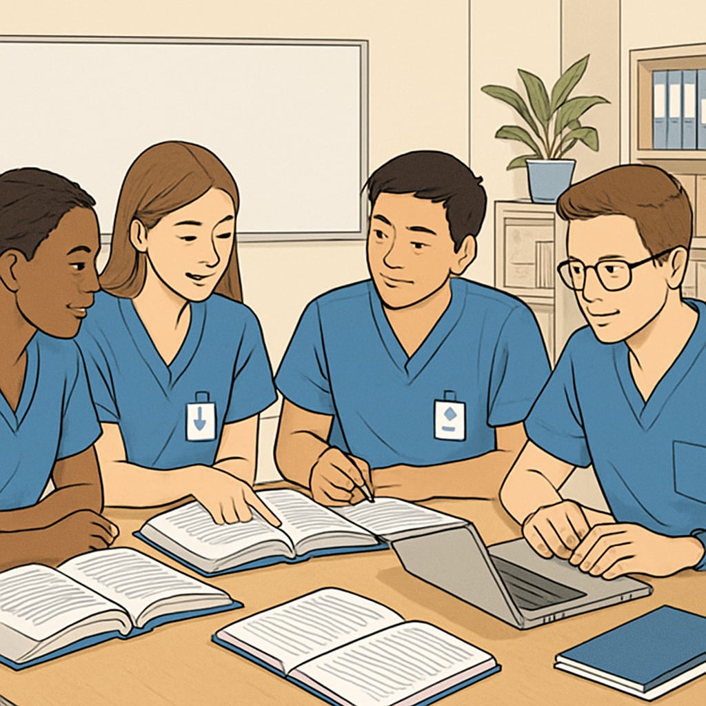 A group of nursing students collaborating on a study project, with books and laptops open around a table. The image emphasizes the importance of teamwork in academic success. Nursing students working together in a study group with books and laptops.