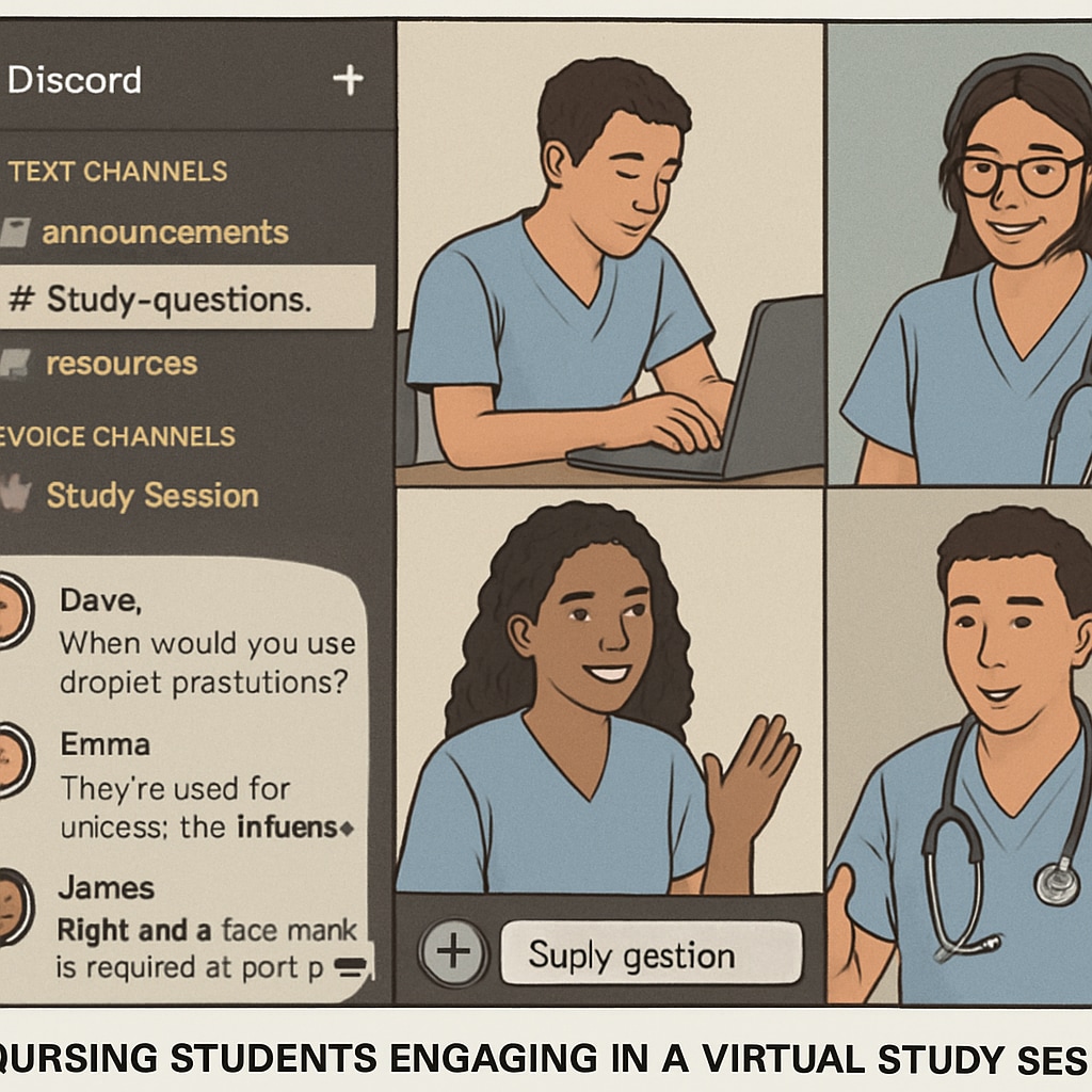 A Discord interface showing organized channels and nursing students engaging in a virtual study session. The image highlights how modern platforms can facilitate online learning. Nursing students using Discord for a virtual study group session.