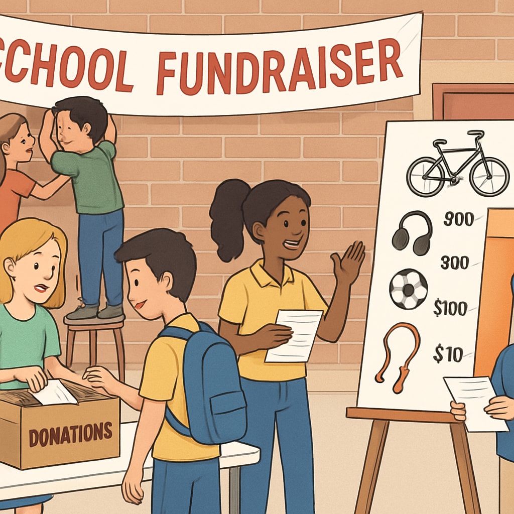 A group of students participating in a school fundraising event, showing varying levels of engagement based on tiered rewards. Students at a fundraising event illustrating the impact of tiered donation rewards in schools.