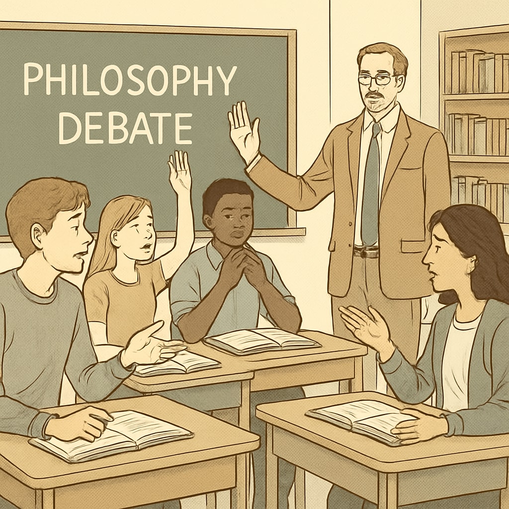 High school students discussing philosophy in a group