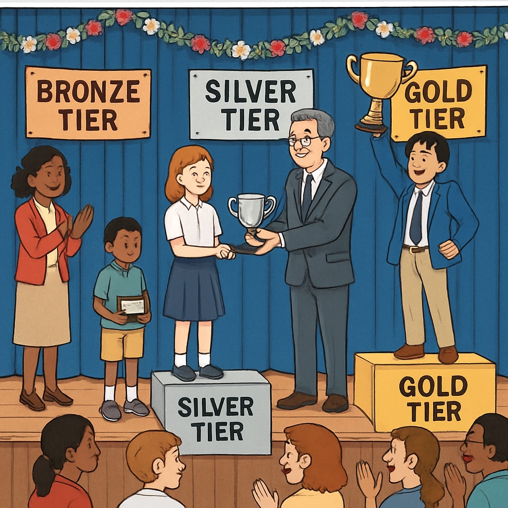 A school awards ceremony showing students receiving different levels of recognition based on donation tiers, highlighting socio-economic disparity. School awards ceremony depicting donation-based reward disparities among students.