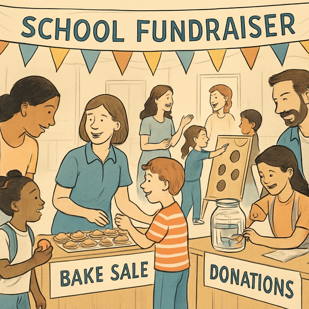 A fundraiser event at a school, showing families of varying economic backgrounds interacting. School fundraiser event revealing economic disparities among families.