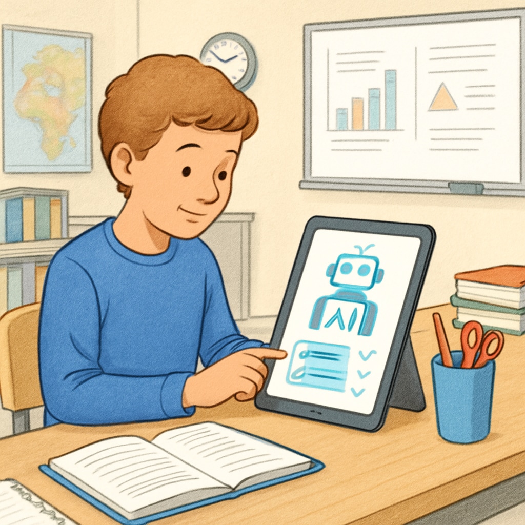 A student using an AI-powered tablet for personalized learning, sitting in a modern classroom setting Student engaged with AI-powered tablet illustrating personalized learning in education