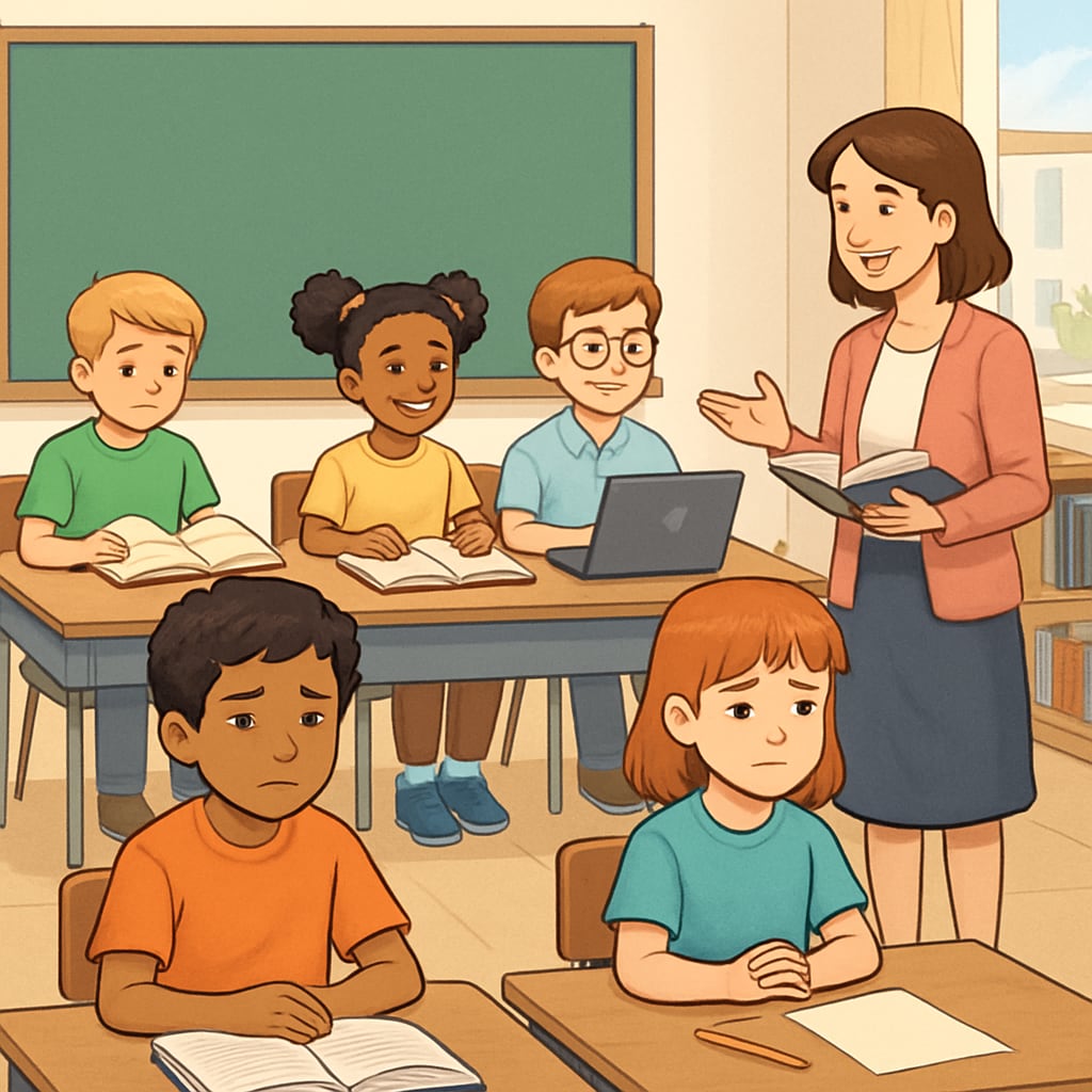 A classroom setting where students are visibly divided, some enjoying special privileges while others are excluded. Classroom illustrating the impact of tiered privileges on student inclusion.