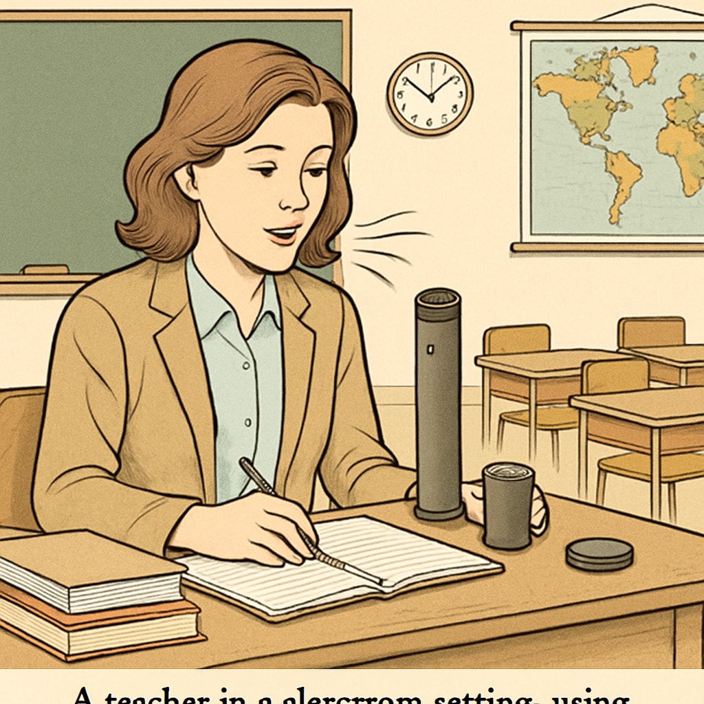 A teacher using a voice recognition device to prepare lesson plans in a classroom setting. Teacher preparing lesson plans using voice recognition to improve teaching efficiency and reduce workload