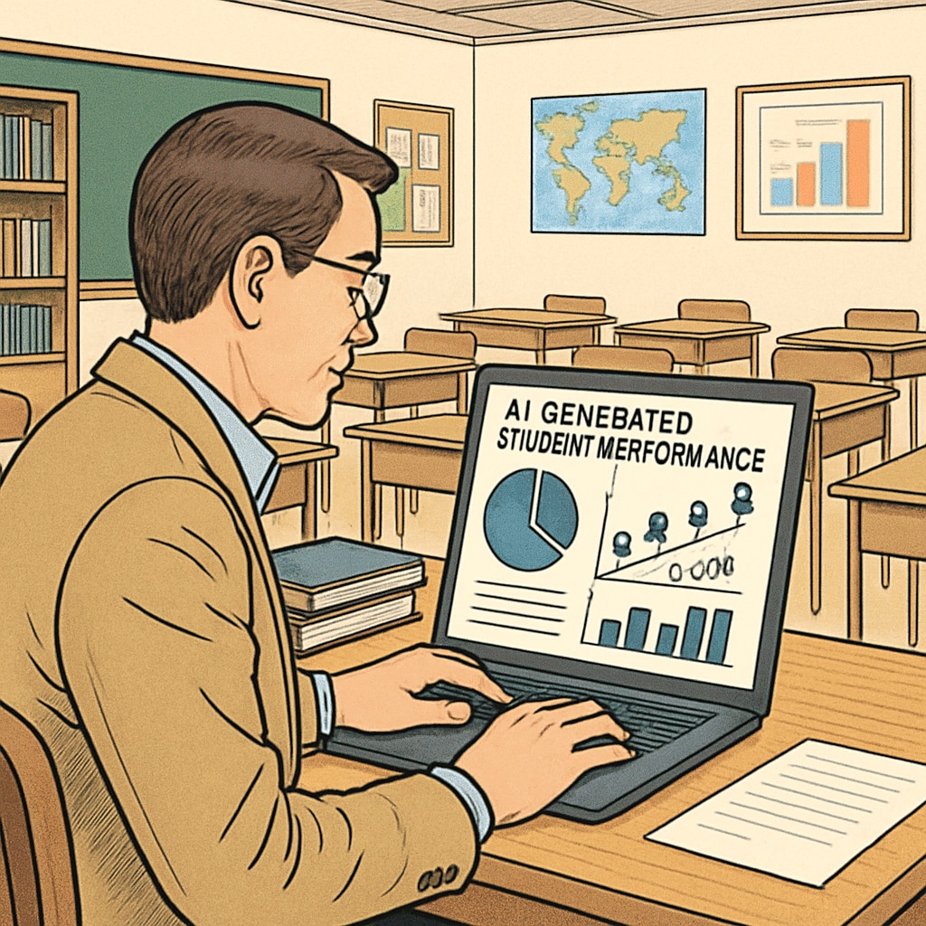 A teacher reviewing AI-generated student performance analytics on a laptop in a classroom Teacher analyzing AI-driven student data to improve learning outcomes in K12 education