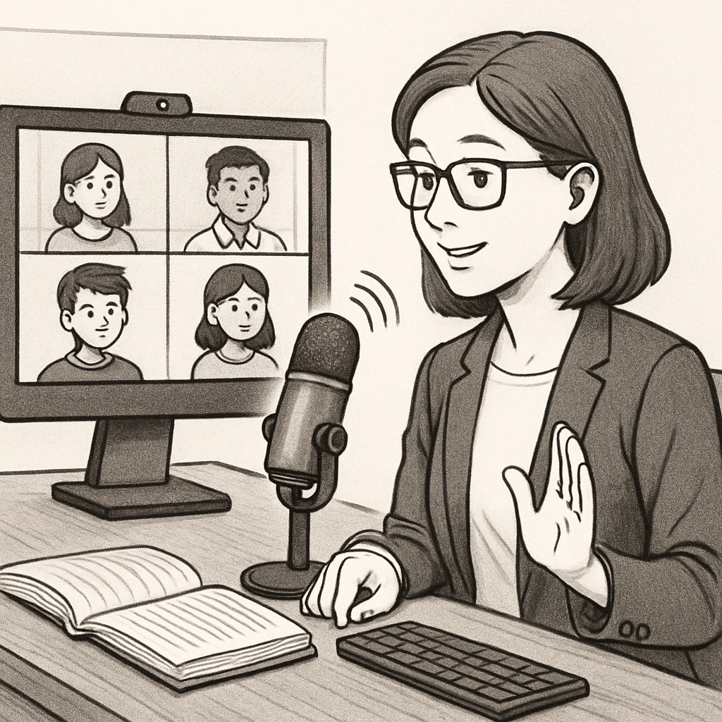 A teacher using voice recognition software to interact with students during an online class. Teacher using voice recognition software during an online class to enhance student engagement