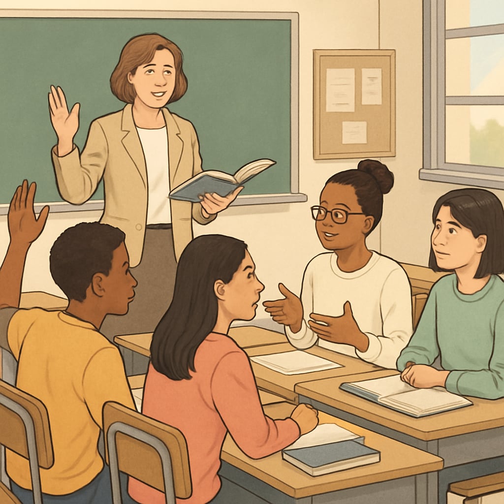 A diverse group of students engaging in a classroom discussion, representing unity and inclusivity in education. Students discussing inclusivity and unity in education, breaking class barriers.