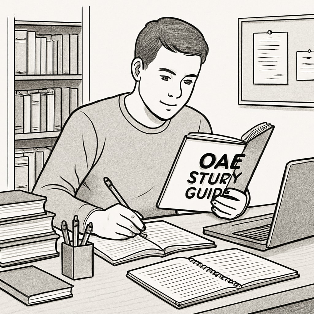 A student studying for the OAE exam using a study guide and laptop, representing the preparation phase. Student preparing for OAE exam with study materials and laptop.