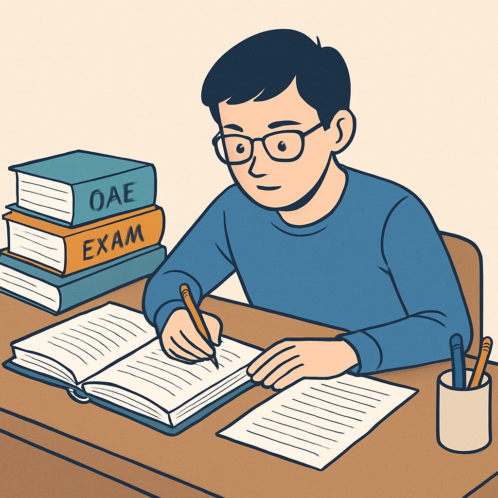 A student studying for the OAE exam, surrounded by textbooks and notes. Student preparing for the OAE exam with study materials.