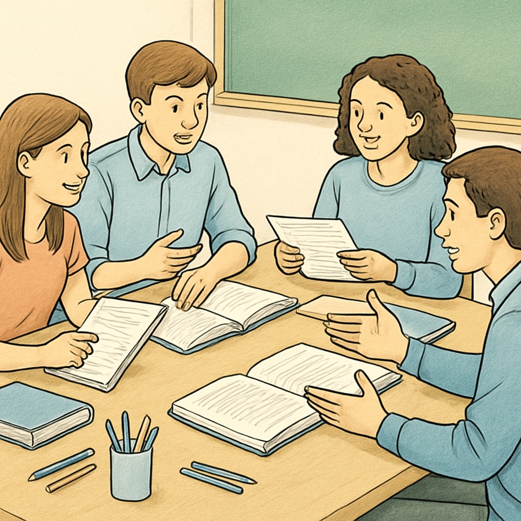 Students in a study group preparing for the OAE exam, sharing notes and ideas to foster collaboration. Group of students discussing OAE exam strategies in a study session.