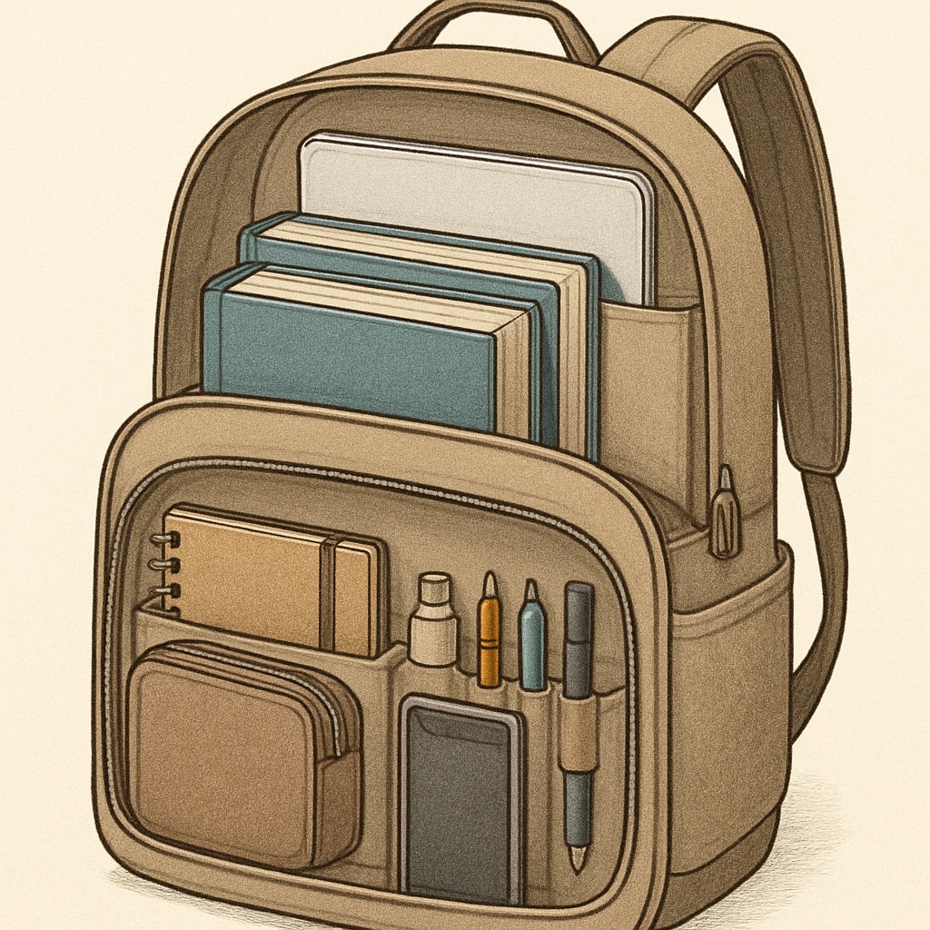 A student’s backpack with neatly organized compartments showing space for books, a laptop, and essentials. Organized college backpack showing spacious compartments for books and laptop.