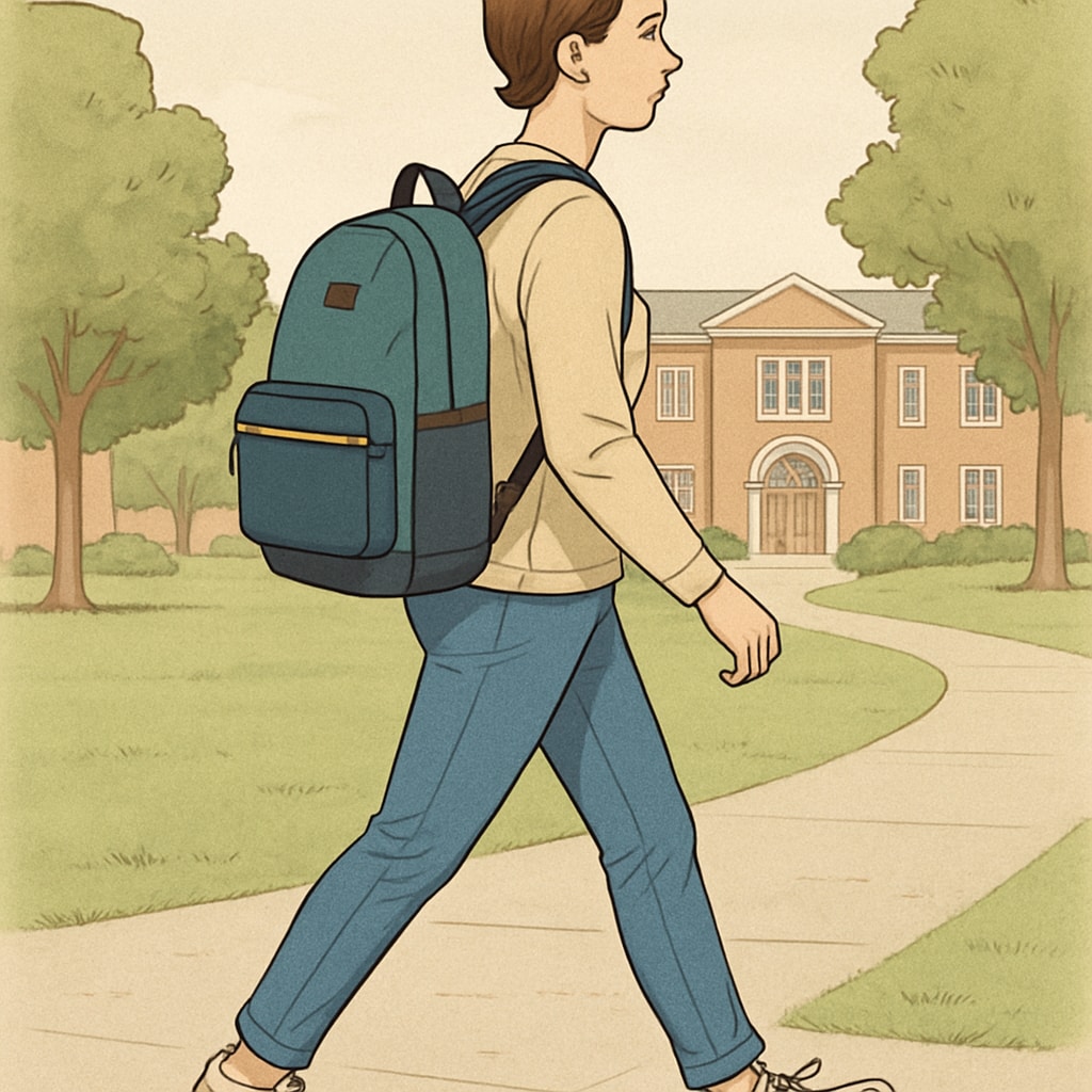 A stylish college student walking on campus with a modern backpack that matches their outfit. College student with a modern and practical backpack.