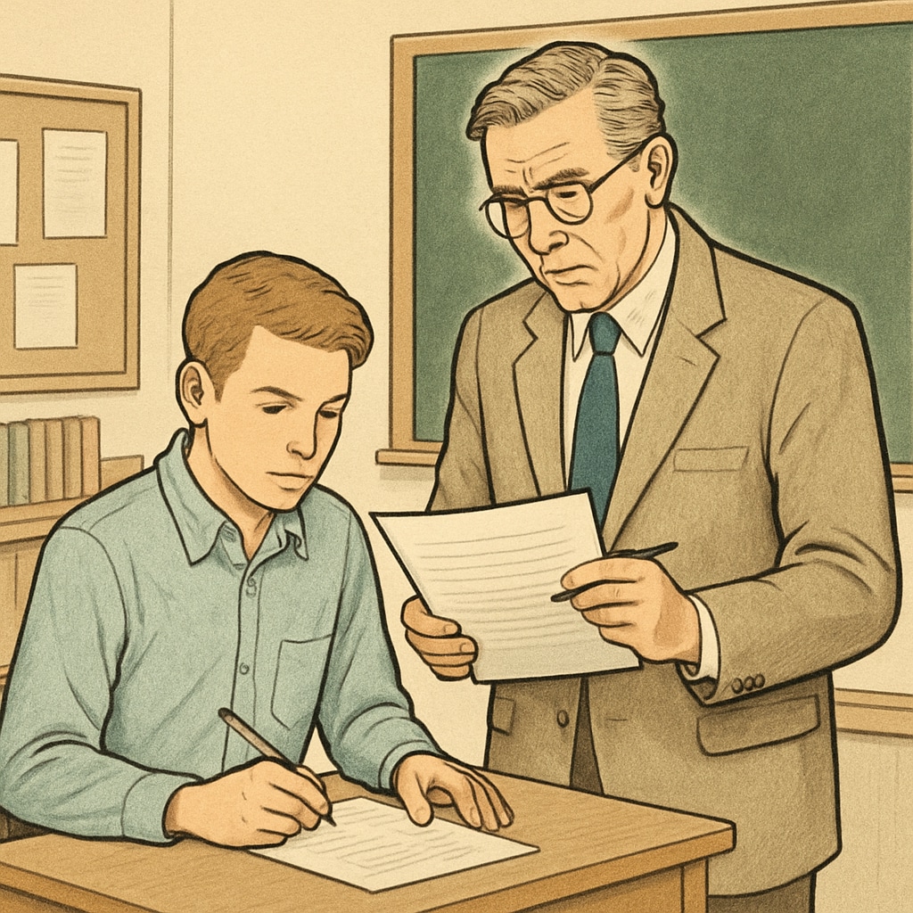 A professor reviewing a student's assignment in a classroom setting, symbolizing academic evaluation. Professor evaluating student work for academic integrity assessment.