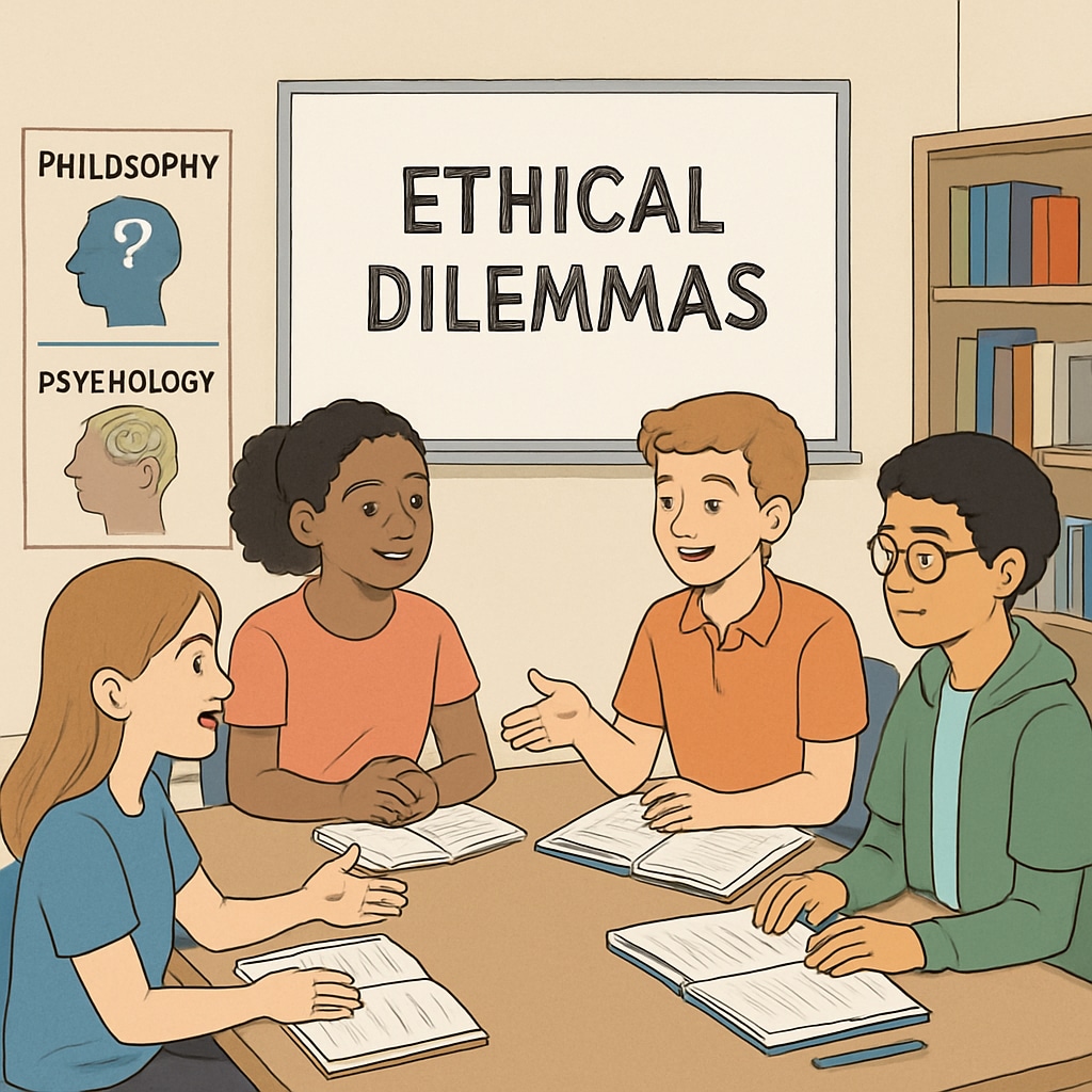 A classroom setting where students are engaged in a group activity discussing ethical dilemmas, symbolizing the integration of philosophy and psychology in K12 education. Students discussing ethical dilemmas in a classroom setting, related to psychology and philosophy in K12 education.