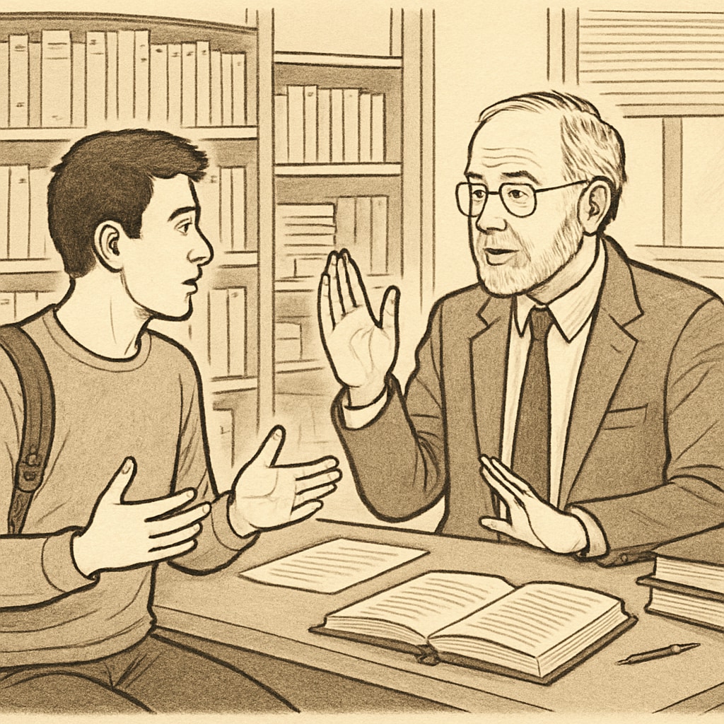 A student disputing a plagiarism accusation with a professor in an office setting, symbolizing dialogue and resolution. Student discussing plagiarism accusation with professor to resolve the issue.