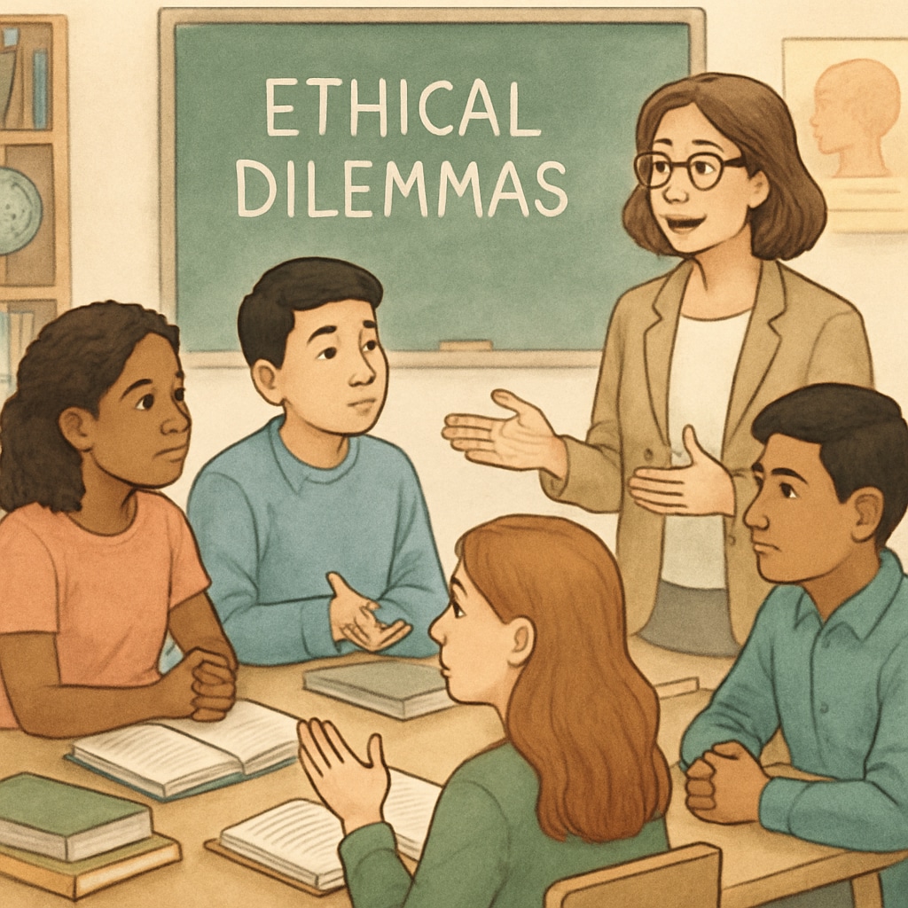A group of diverse students in a classroom discussing ethical dilemmas, illustrating K12 philosophy education. Students discussing ethical questions during a classroom philosophy lesson.