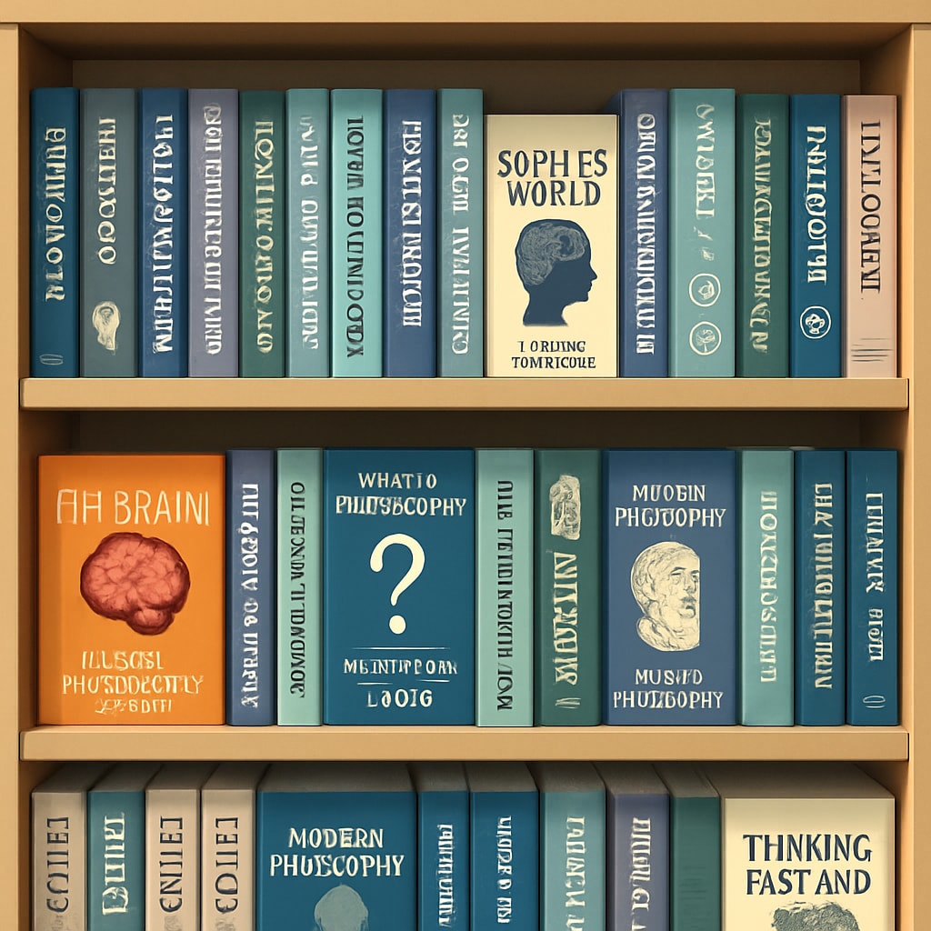 A bookshelf featuring age-appropriate books on psychology and philosophy, such as Bookshelf with psychology and philosophy titles for kids, supporting amateur learning.