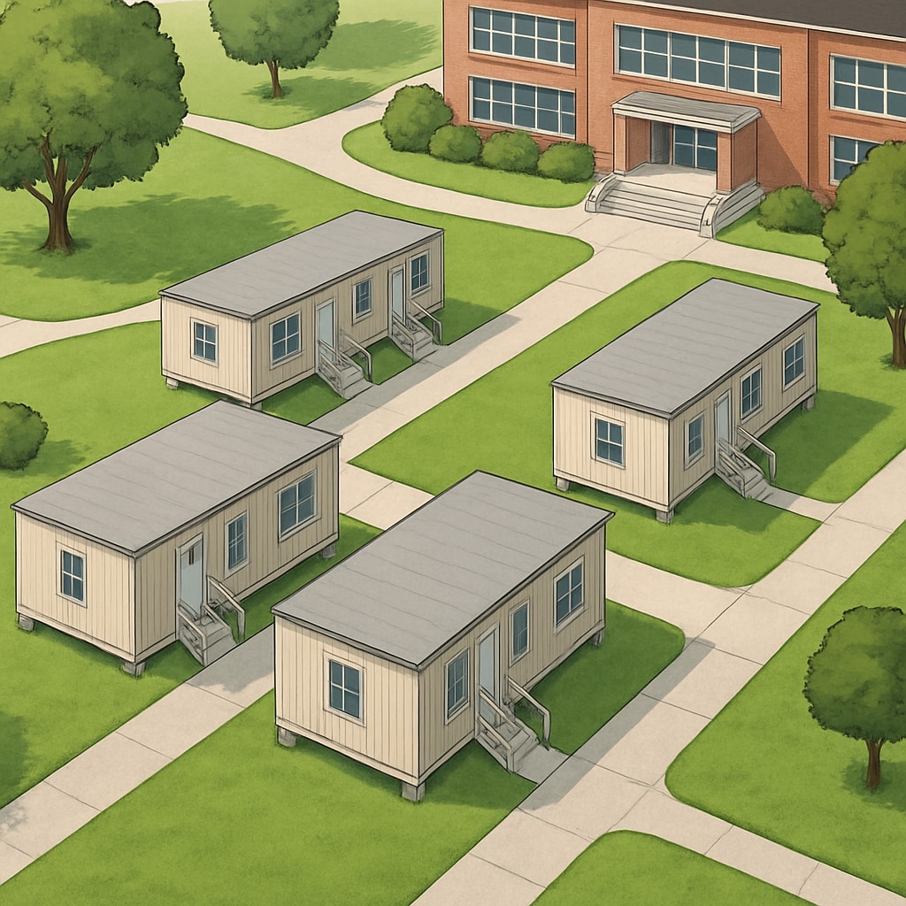 A temporary classroom setup in a high school campus, showing trailer classrooms surrounded by green spaces. Temporary classrooms in a high school campus environment, part of school relocation.