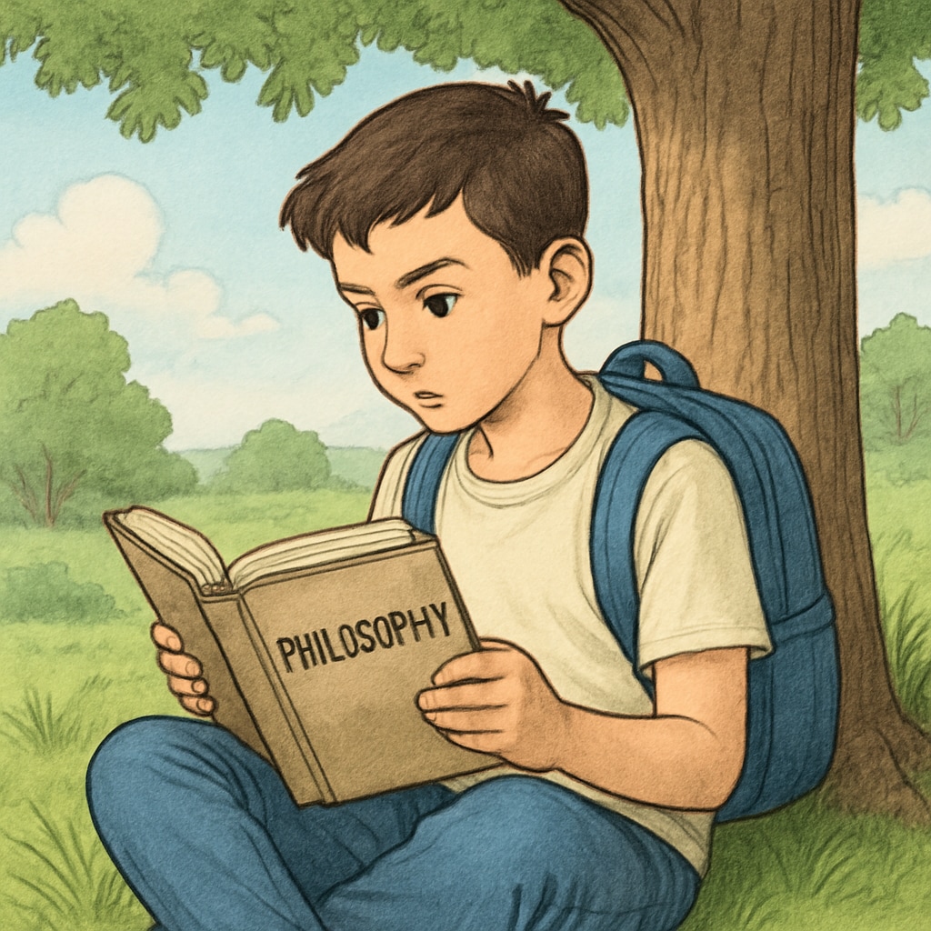 An illustration of a young student reading a philosophy book under a tree, symbolizing intellectual curiosity. A student reading a philosophy book outdoors, representing curiosity.