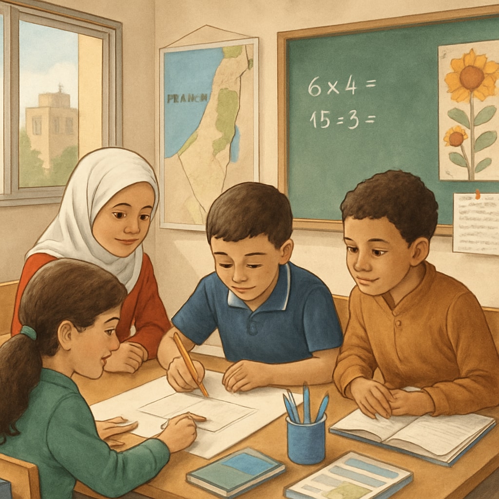 Gaza classroom with students participating in collaborative learning activities.