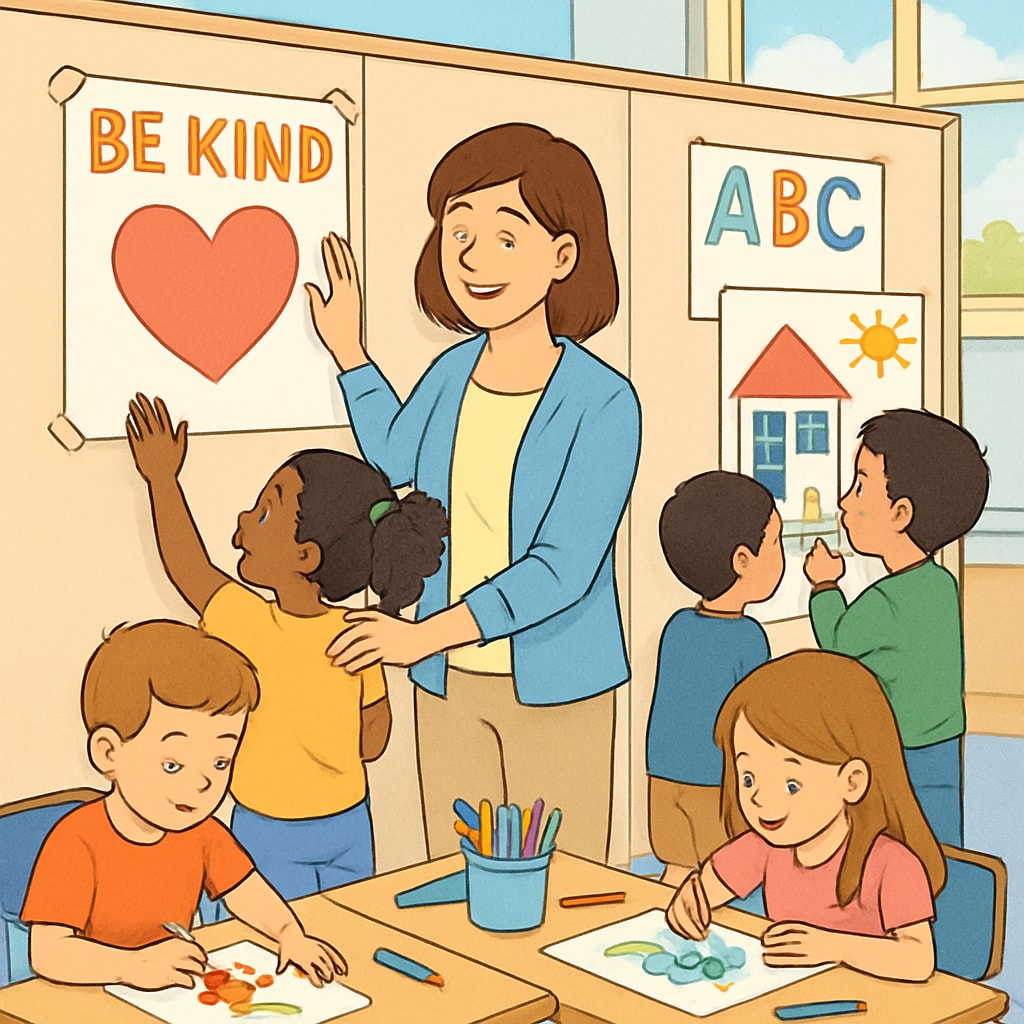 An elementary teacher guiding students in decorating their temporary classroom with posters and drawings. Teacher and students decorating a temporary classroom to create a sense of belonging.