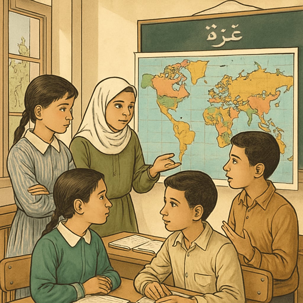 Gaza students studying a world map, highlighting global perspectives in social studies.