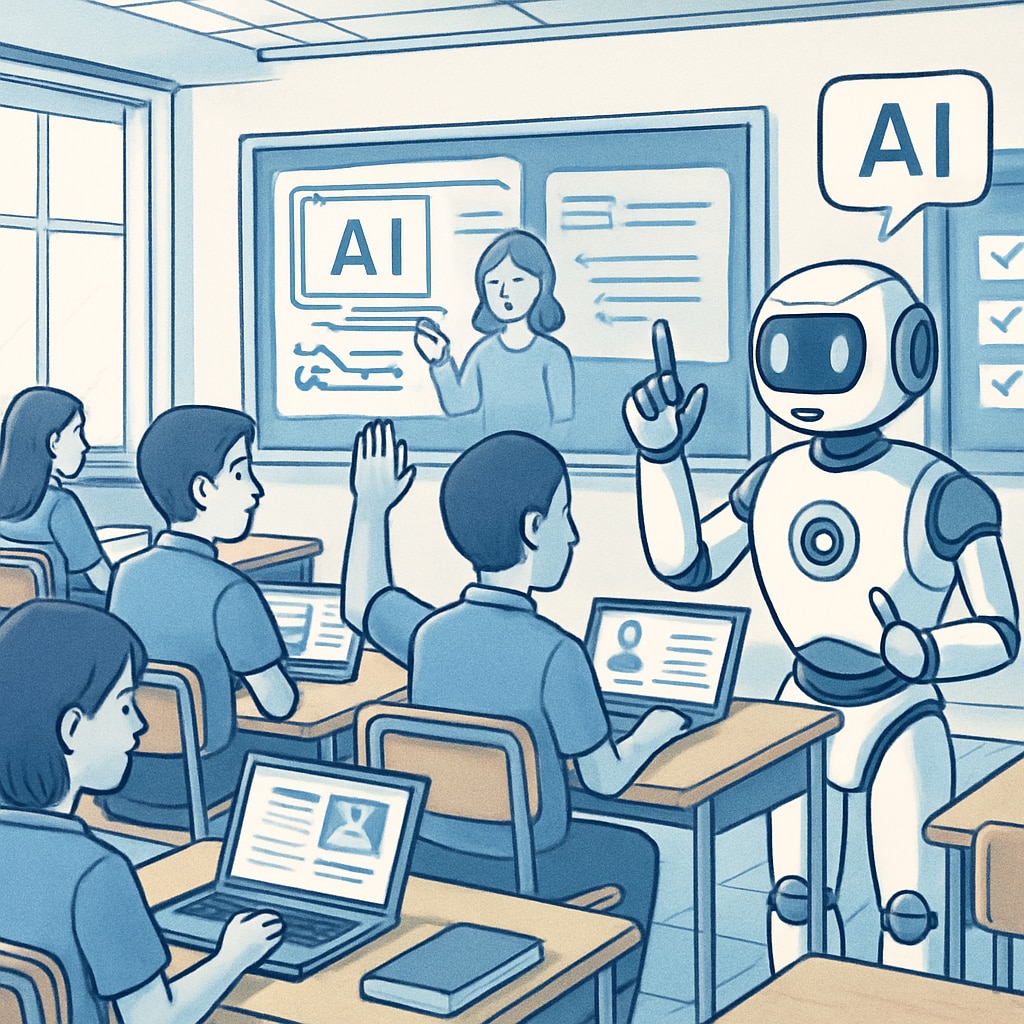 A futuristic classroom setting with AI-powered systems monitoring and assisting students. AI-powered classroom assisting students with learning.